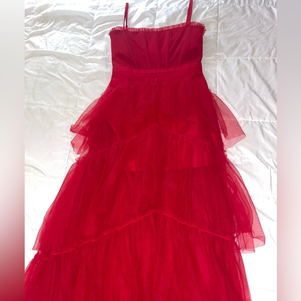 Betsy and Adam red jasmine long spaghetti strap mesh corset gown
